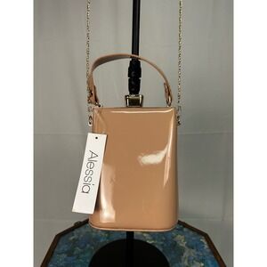 NWT Alessia Patent Leather Box Clutch Handbag Gold Chain Strap Rhinestone Clasp